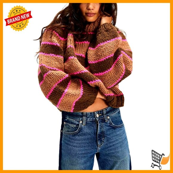 Sweaters - Striped Turtleneck Pullover Sweater Ribbed Knit Chunky Oversized Casual Winter